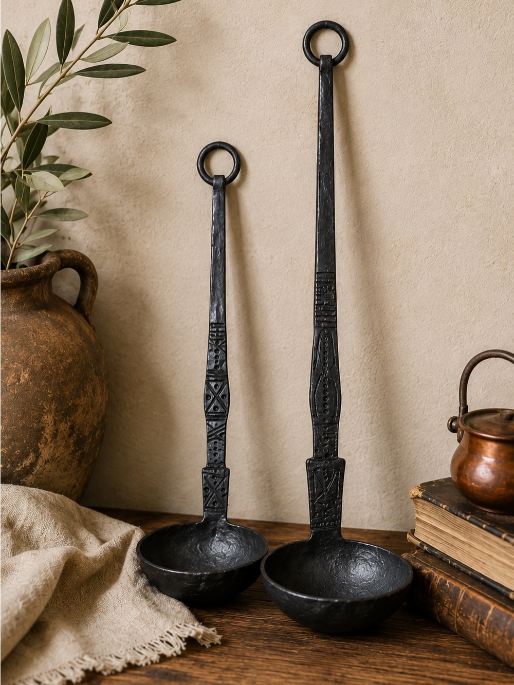 Hand-Forged Decorative Iron Ladles - Set of 2, Black